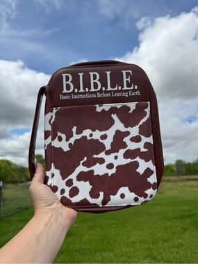 B.I.B.L.E. Brown and White Cowhide Print Bible Carry Bag
